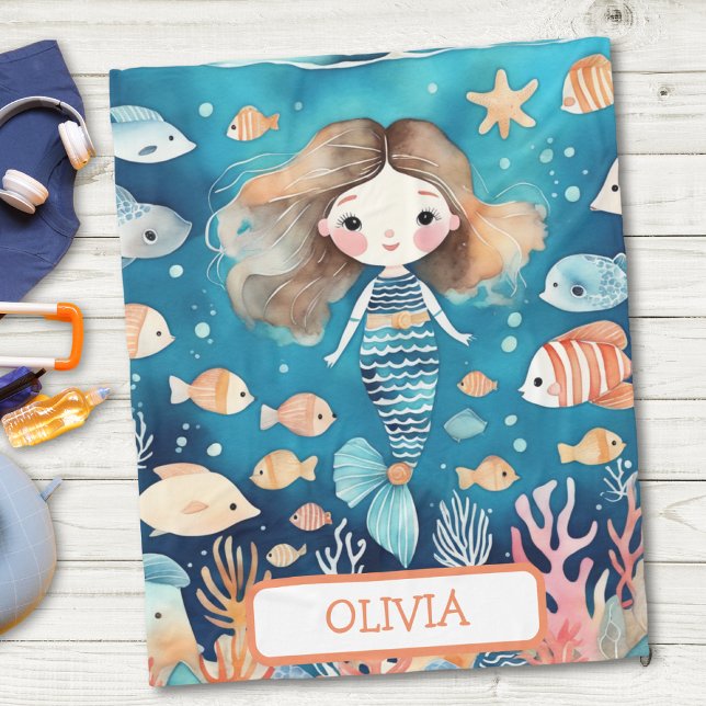 Cute Little Mermaid Under The Sea with Coral Fish Fleece Blanket (Creator Uploaded)