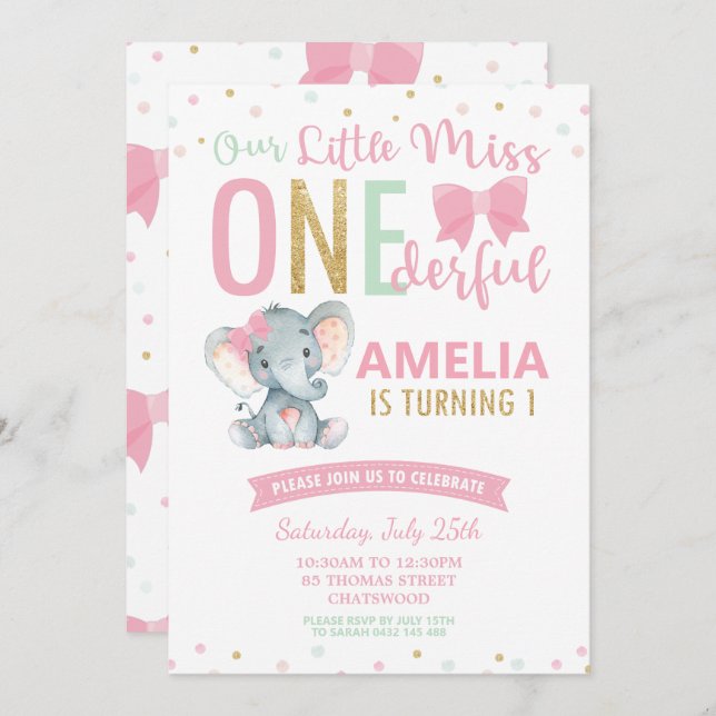 Cute Little Miss ONEderful 1st Birthday Elephant Invitation (Front/Back)