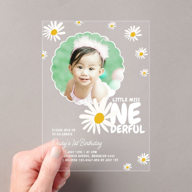 Cute Little Miss ONEderful Daisy Photo Birthday Acrylic Invitations (Insitu (Handheld))