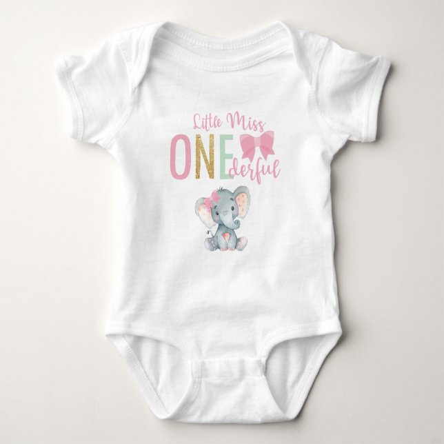 Cute Little Miss ONEderful Elephant 1st Birthday Baby Bodysuit (Front)