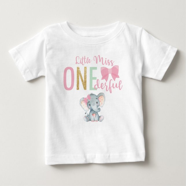 Cute Little Miss ONEderful Elephant 1st Birthday Baby T-Shirt (Front)
