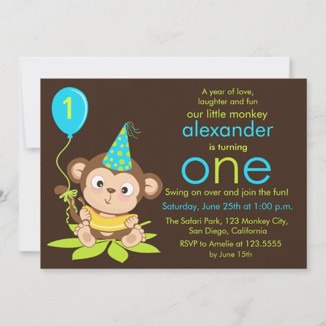 Cute Little Monkey First Birthday Invitation (Front)