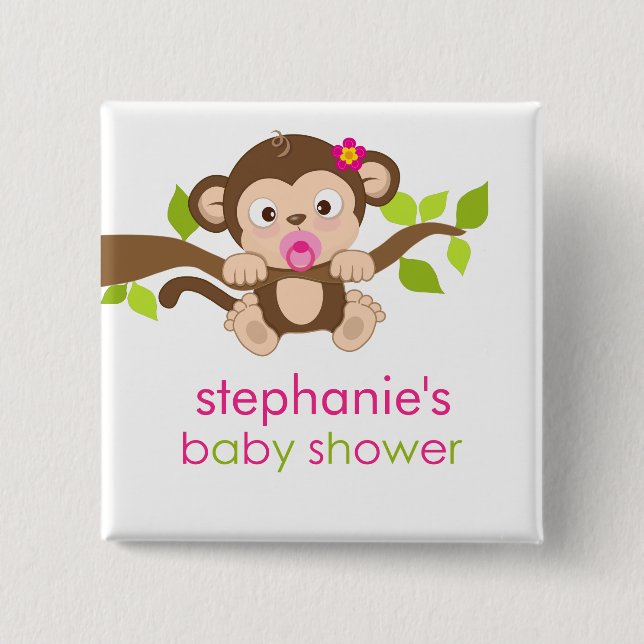 Cute Little Monkey Girl Baby Shower Button (Front)