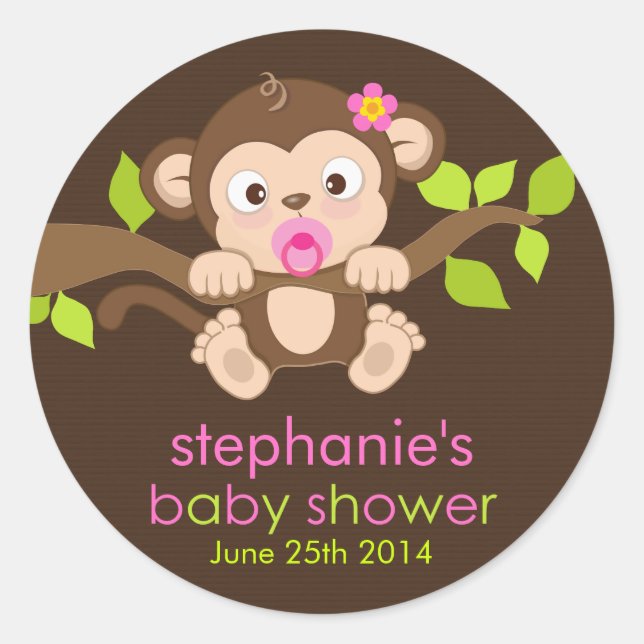 Cute Little Monkey Girl Baby Shower Sticker (Front)