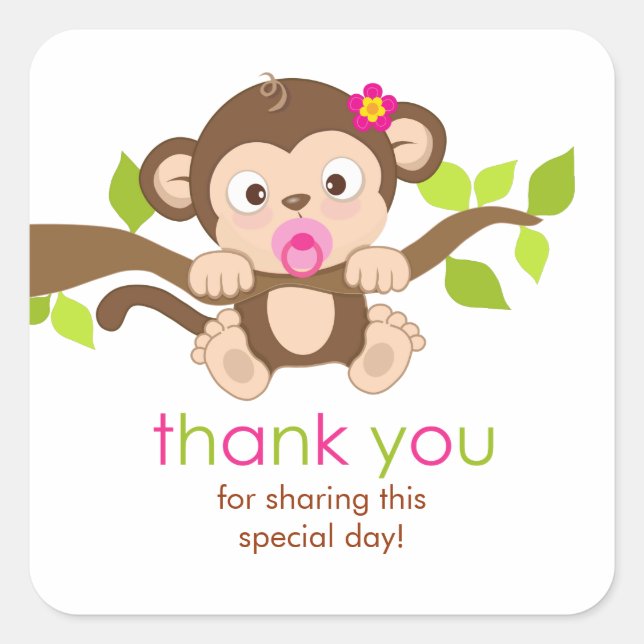 Cute Little Monkey Girl Thank You Sticker (Front)