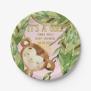 Cute Little Monkey Its A Girl Tropic Pink  Paper Plate