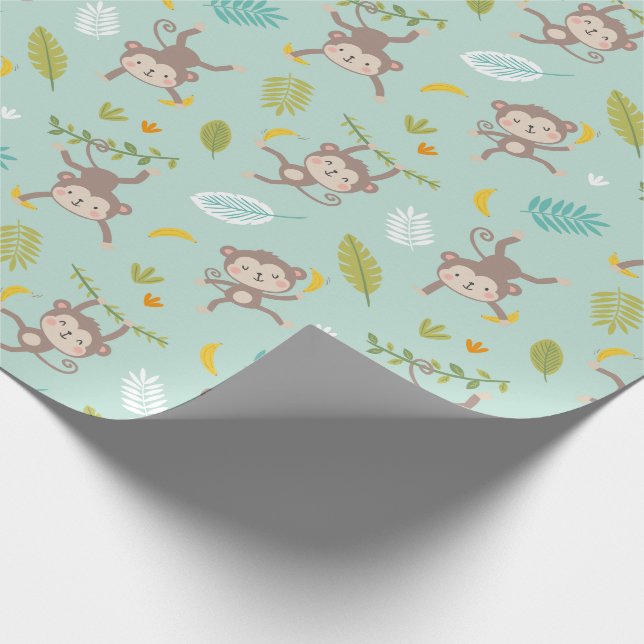 Cute Little Monkeys with bananas & leafs mint Wrapping Paper (Corner)