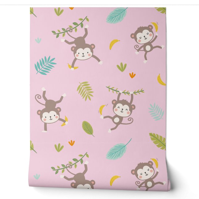 Cute Little Monkeys with bananas & leafs pink Wallpaper (Unrolling)