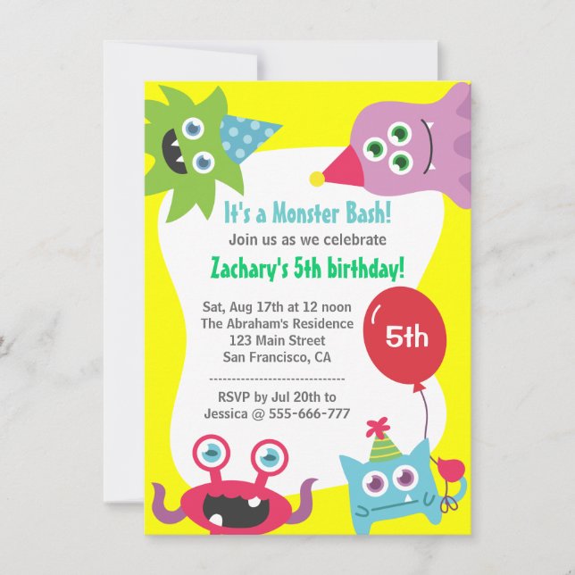 Cute Little Monster Birthday Party Bash for Kids Invitation (Front)