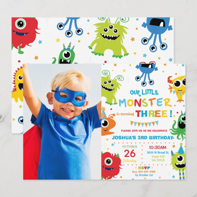 Cute Little Monster Boy 1st Birthday Vibrant Photo Invitation (Front/Back)