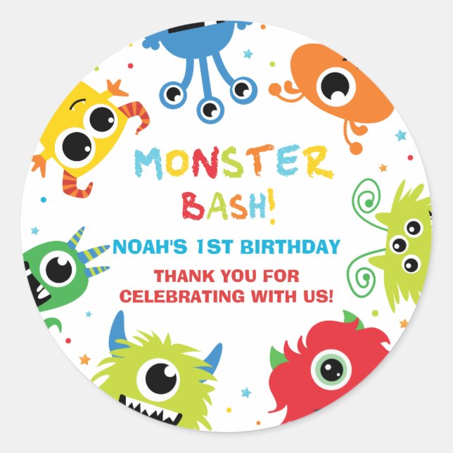 Cute Little Monsters 1st Birthday Thank You Favour Classic Round Sticker (Front)