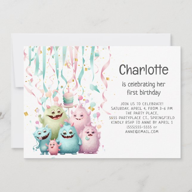 Cute Little Monsters Girl 1st Birthday Horizontal Invitation (Front)