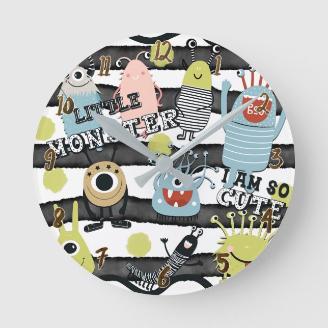 Cute Little Monsters Modern Chic Watercolor Stripe Round Clock (Front)