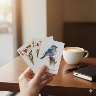 cute little mountain bluebird in watercolor playing cards