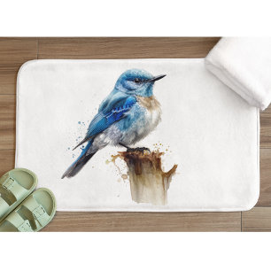 Cute Little Mountain Bluebird Watercolor Bath Mat
