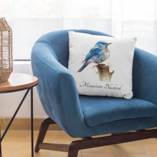 Cute Little Mountain Bluebird Watercolor, custom Cushion