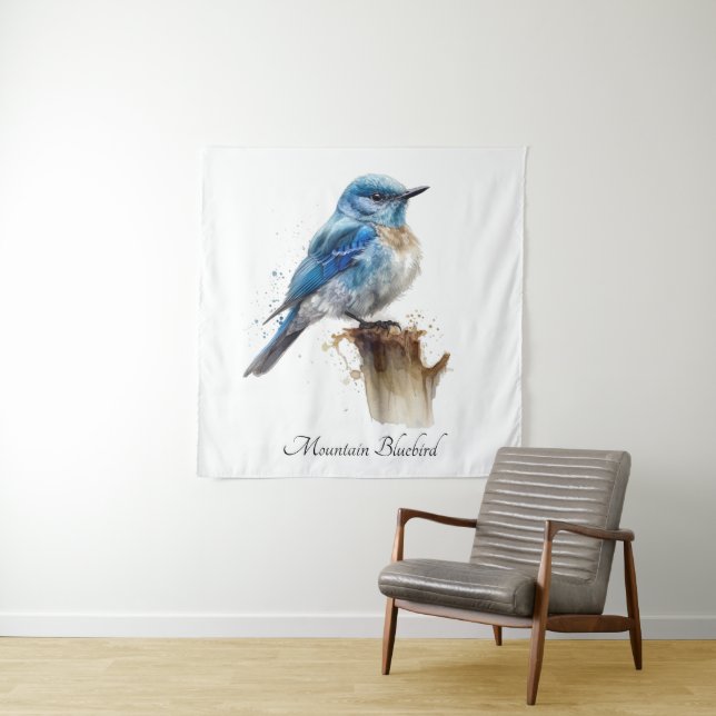 Cute Little Mountain Bluebird Watercolor, custom Tapestry (In Situ)