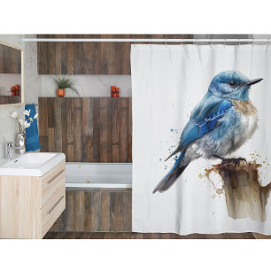 Cute Little Mountain Bluebird Watercolor Shower Curtain