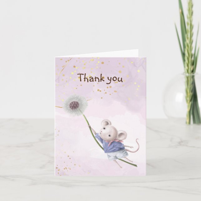 Cute Little Mouse Dandelion Watercolor  Thank you Card (Front)