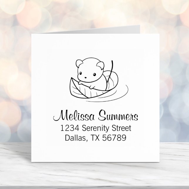Cute Little Mouse Floating on a Leaf Address Self-inking Stamp (Creator Uploaded)