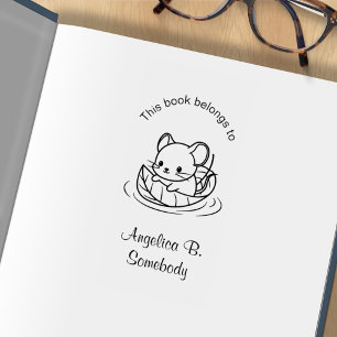 Cute Little Mouse Floating on a Leaf Bookplate Rubber Stamp