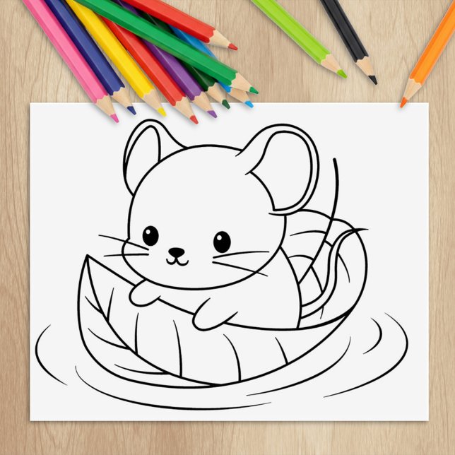 Cute Little Mouse Floating on a Leaf Colouring Pag Rubber Stamp (Creator Uploaded)