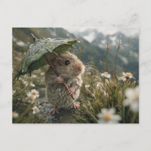 Cute Little Mouse Holding Leaf Umbrella Postcard
