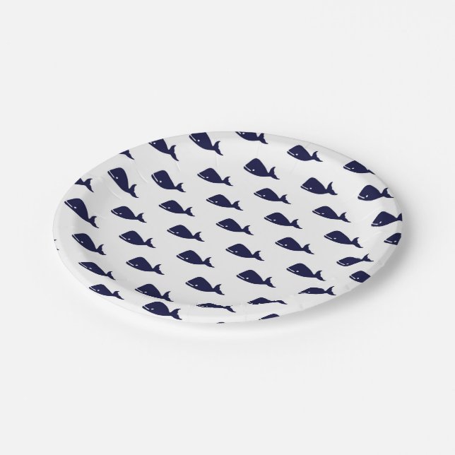 Cute Little Navy Blue Whale Pattern on White Paper Plate (Angled)