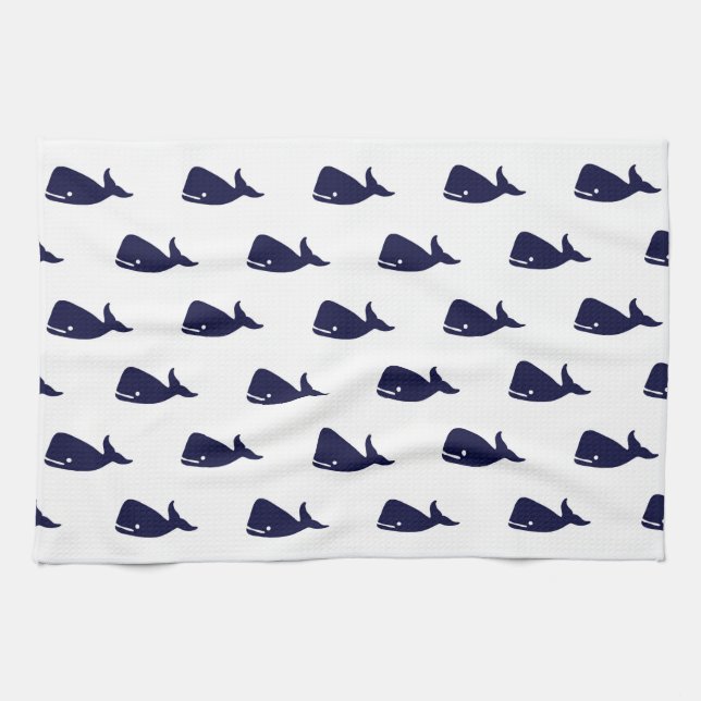 Cute Little Navy Blue Whale Pattern on White Tea Towel (Horizontal)