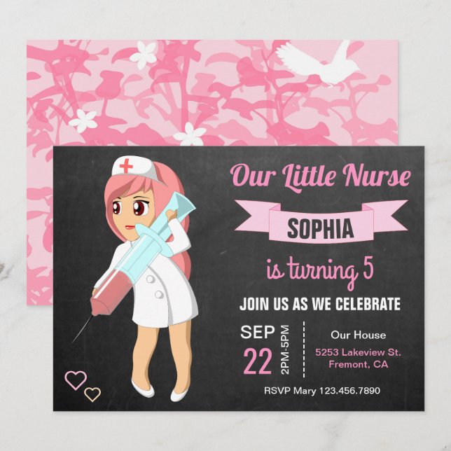 Cute Little Nurse Girls Birthday Party Invitation (Front/Back)