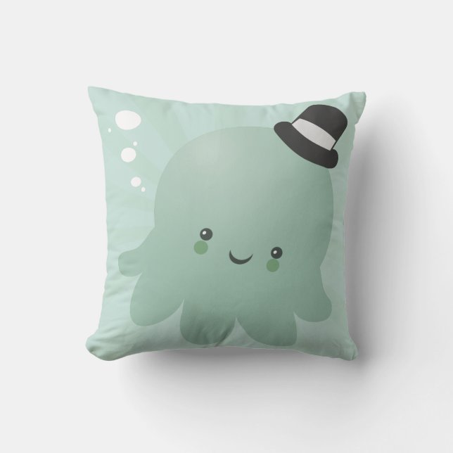 Cute Little Octopus wearing a black Top Hat Cushion (Front)