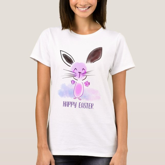 Cute Little Ombre Watercolor Bunny Happy Easter T-Shirt (Front)