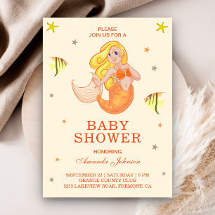 Cute Little Orange Mermaid Baby Shower Invitation