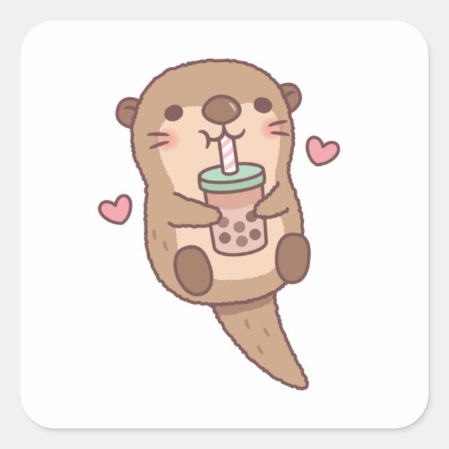 Cute Little Otter Loves Bubble Tea Square Sticker (Front)