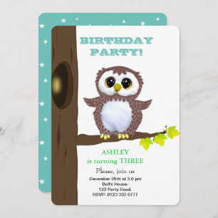 Cute little owl & stars on teal kids Birthday Invitation
