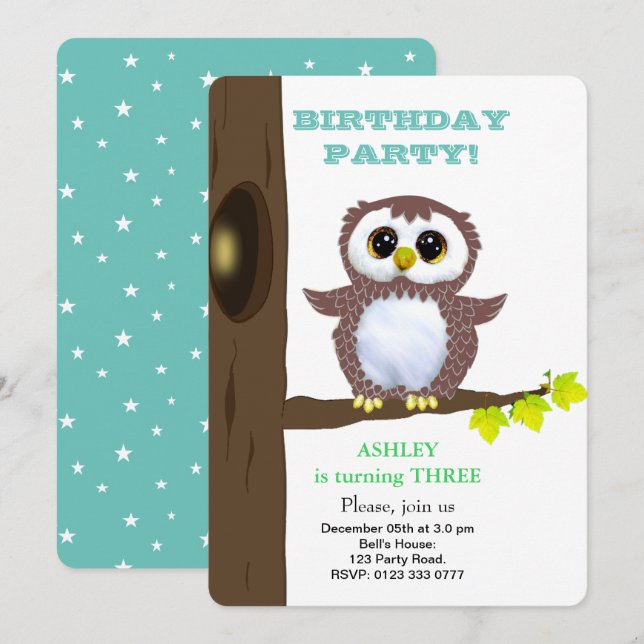 Cute little owl & stars on teal kids Birthday Invitation (Front/Back)