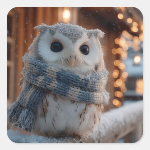 Cute little owl wearing knitted winter scarf square sticker