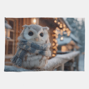 Cute little owl wearing knitted winter scarf  tea towel
