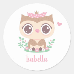 Cute Little Owl with Pink Bow Classic Round Sticker