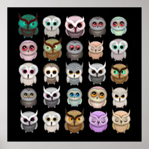 Cute Little Owls Illustrations Fun Art Poster