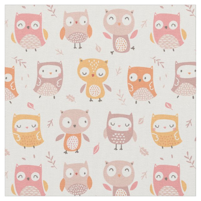 Cute Little Owls in muted colours Fabric (Close Up)