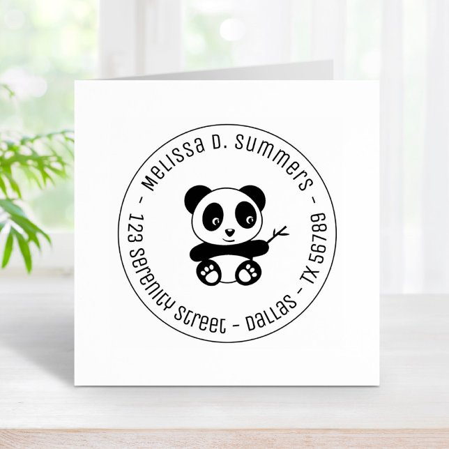 Cute Little Panda Bamboo Round Address 3 Rubber Stamp (Creator Uploaded)