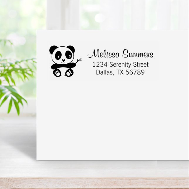 Cute Little Panda Holding a Bamboo Stick Address Rubber Stamp (Creator Uploaded)