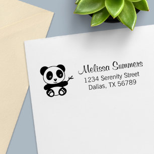 Cute Little Panda Holding a Bamboo Stick Address Self-inking Stamp