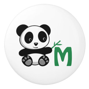 Cute Little Panda with a Bamboo Stick Monogram Ceramic Knob