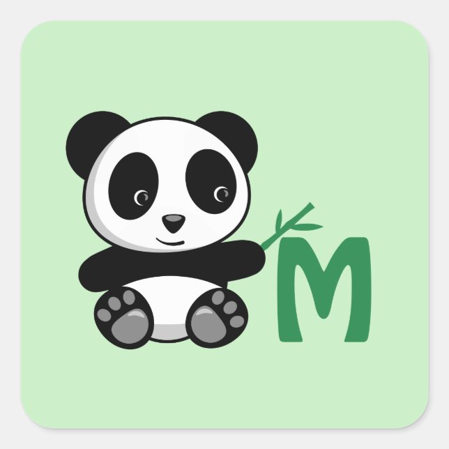 Cute Little Panda with a Bamboo Stick Monogram Square Sticker (Front)