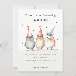 Cute Little Party Birds Watercolor Kids Birthday Thank You Card