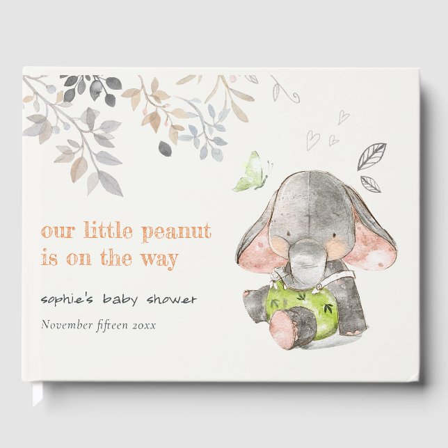 Cute Little Peanut Elephant Foliage Baby Shower Guest Book (Front)