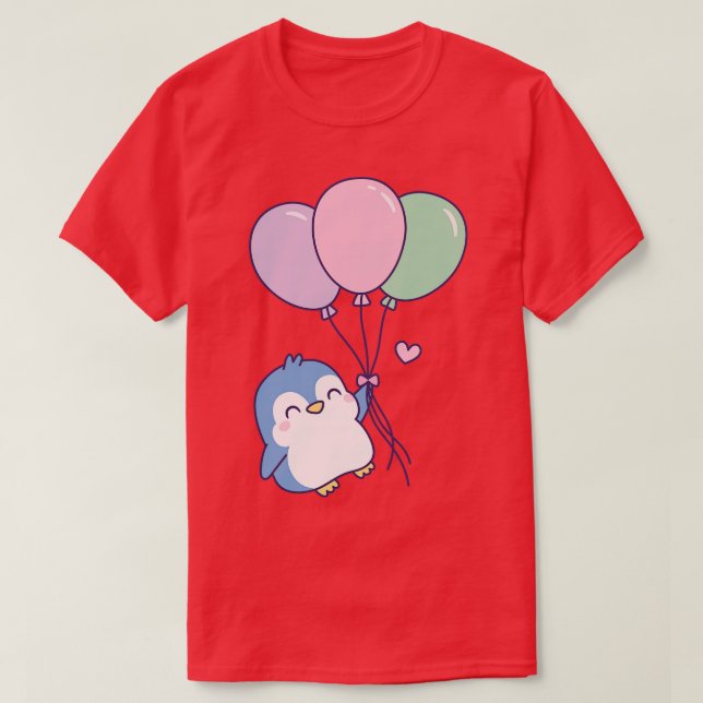 Cute Little Penguin Flying With Balloons T-Shirt (Design Front)
