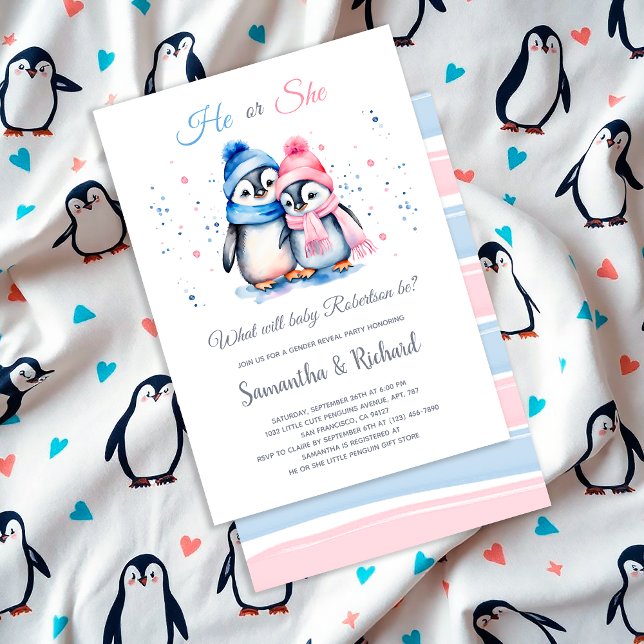Cute Little Penguin He or She Winter Gender Reveal Invitation (Creator Uploaded)